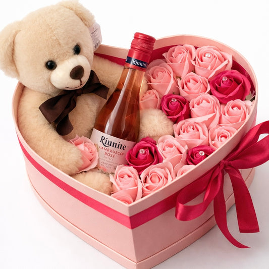Cutie Romantică „Pink Love Deluxe” – Trandafiri, Ursuleț & Rosé