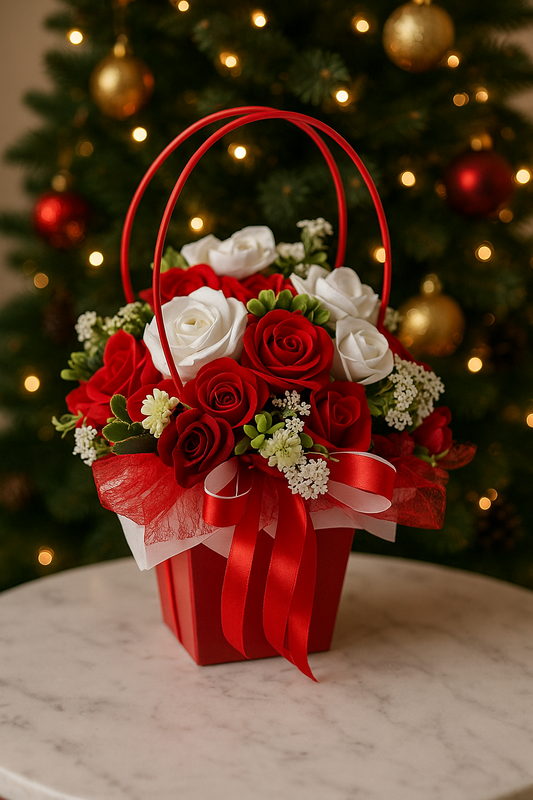 🌹 Aranjament Floral „Eleganță Eternă” – Trandafiri Roșii și Albi în Cutie Decorativă