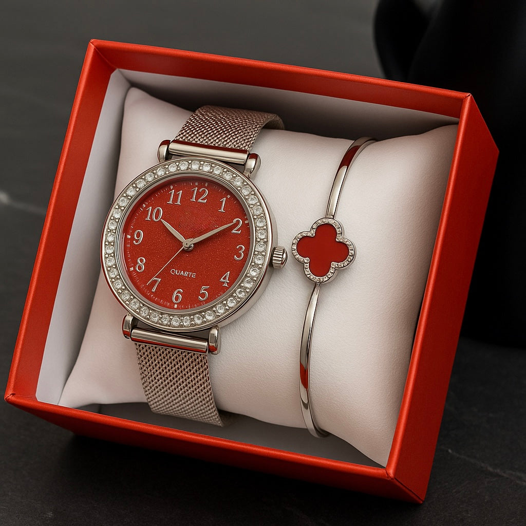 Colecție Roșie de Lux - Ceas și Brățară Reglabile
