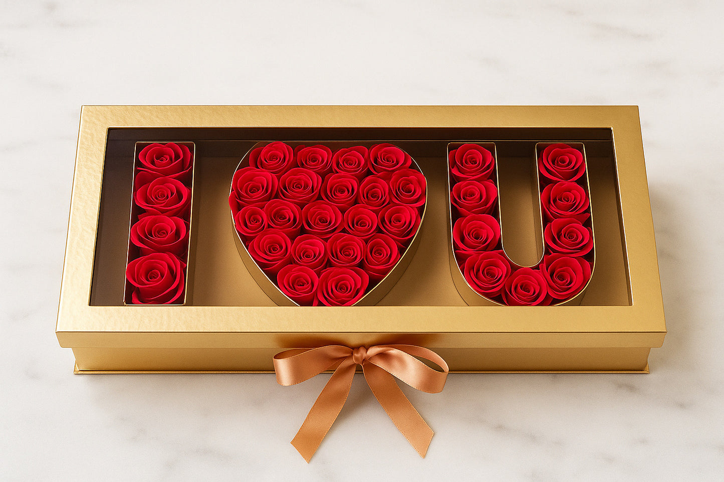 Cutie Gold „I ❤️ U” cu Trandafiri Roșii – Simbolul Etern al Iubirii