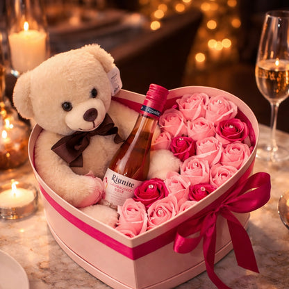 Cutie Romantică „Pink Love Deluxe” – Trandafiri, Ursuleț & Rosé