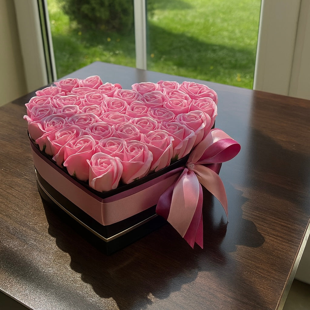 🌸 Cutie Inimă cu Trandafiri Roz Eterni – „Simfonia Iubirii”