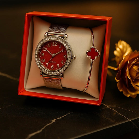 Colecție Roșie de Lux - Ceas și Brățară Reglabile