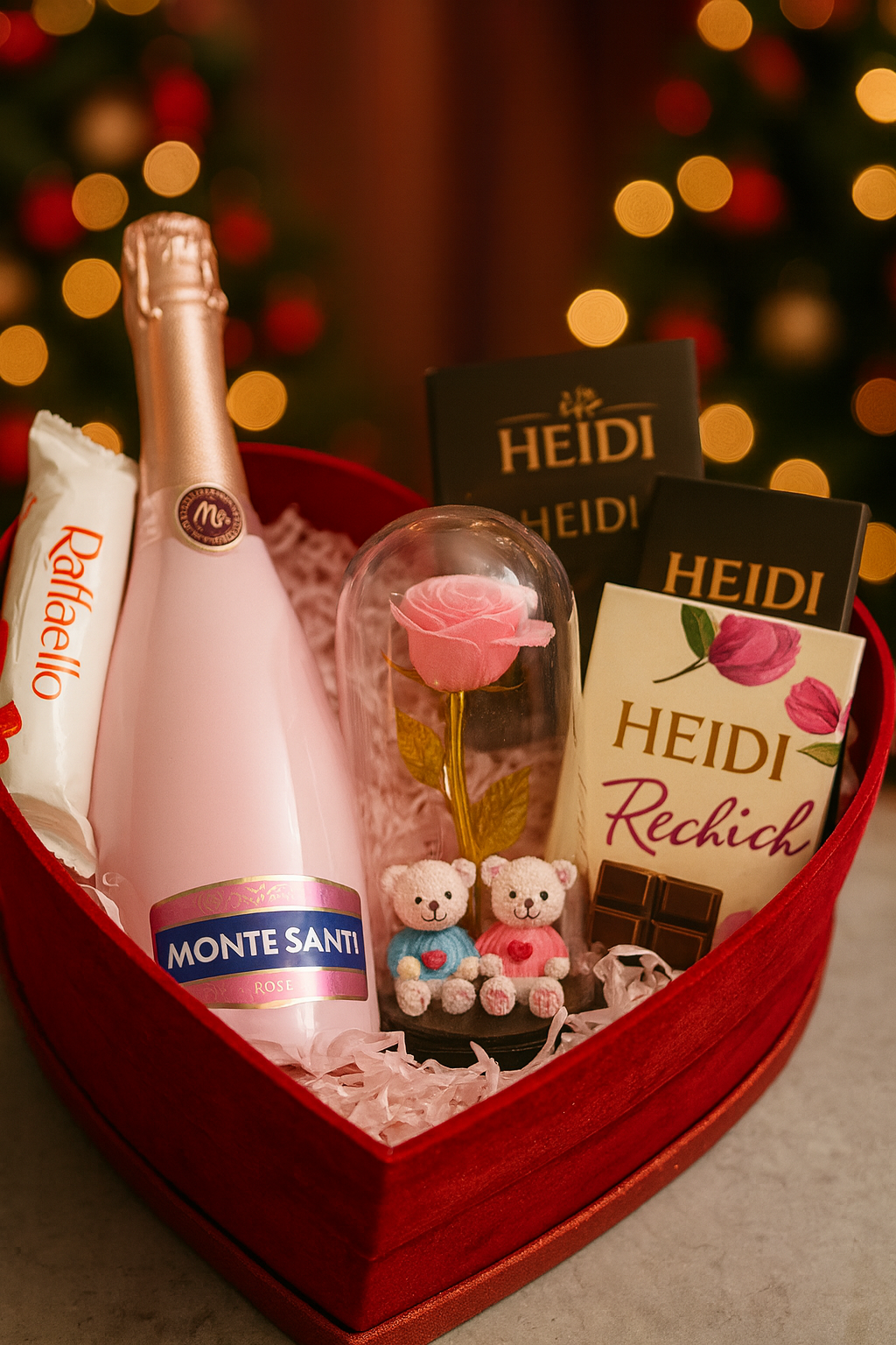 Coș Cadou Romantic „Răsfăț de Iarnă” – Vin Spumant Rosé, Ciocolata și Surprize Dulci