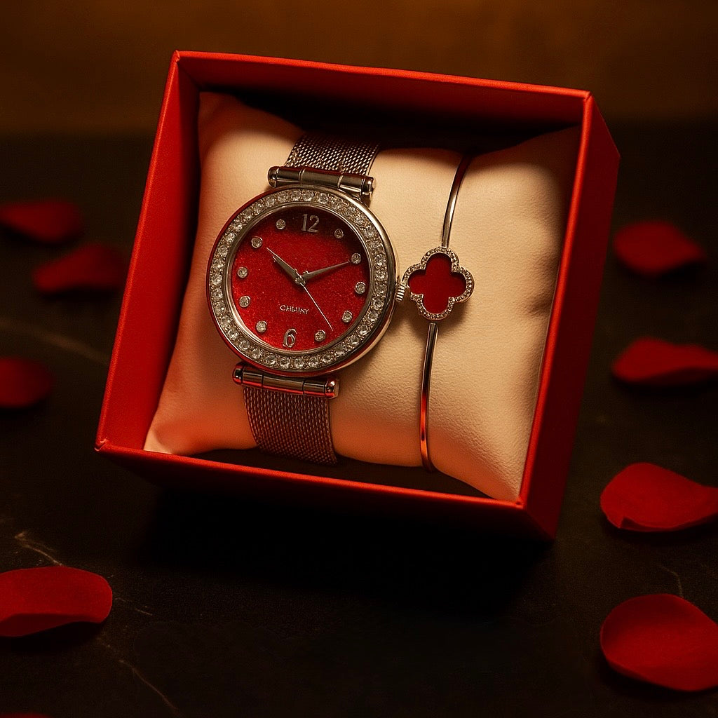Colecție Roșie de Lux - Ceas și Brățară Reglabile