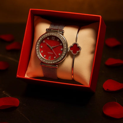 Colecție Roșie de Lux - Ceas și Brățară Reglabile