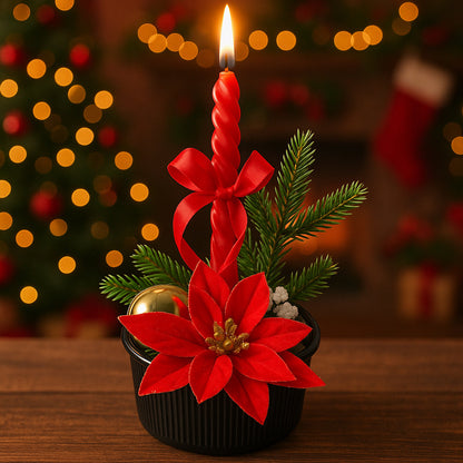 Decor de Crăciun cu lumânare roșie și floare de Poinsettia