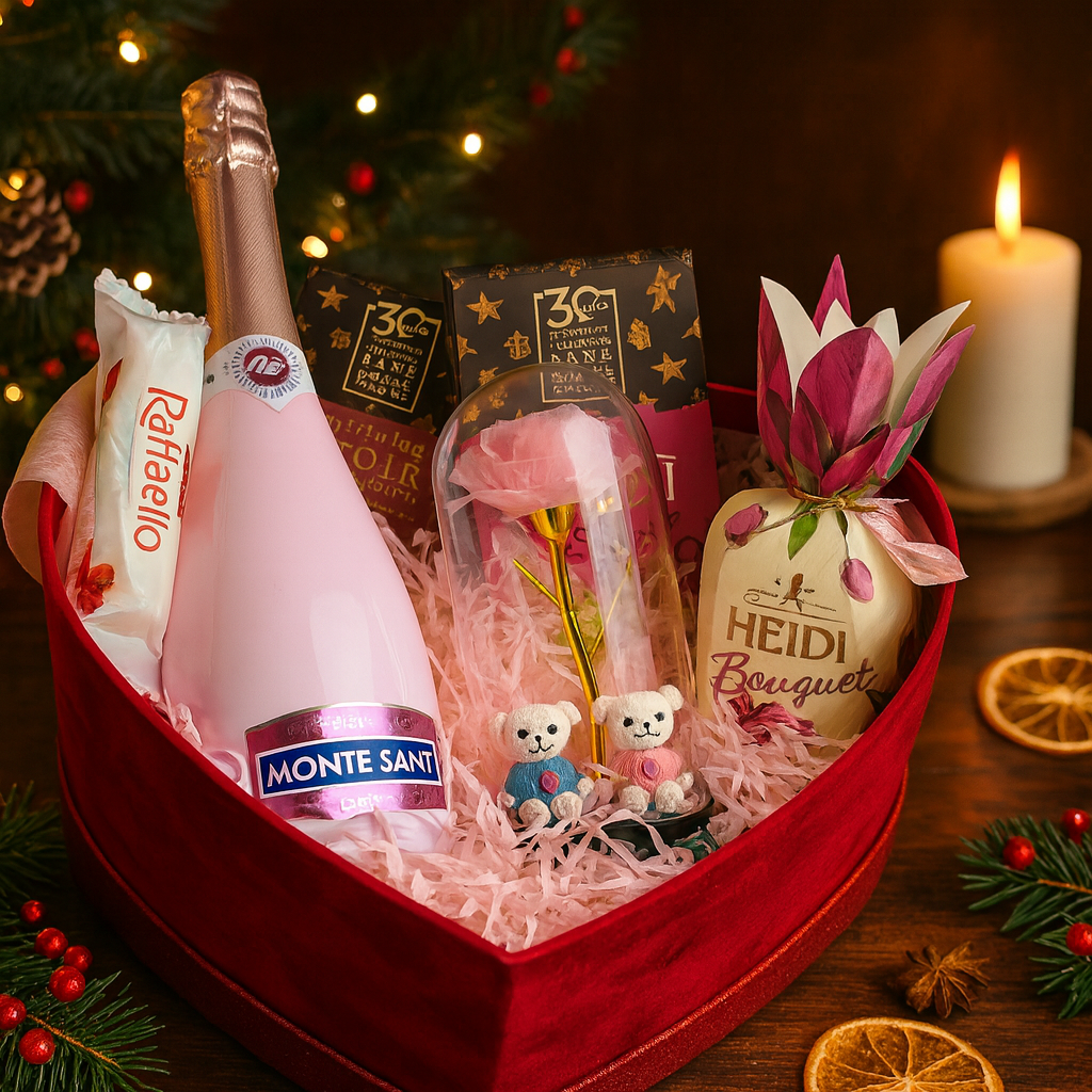 Coș Cadou Romantic „Răsfăț de Iarnă” – Vin Spumant Rosé, Ciocolata și Surprize Dulci