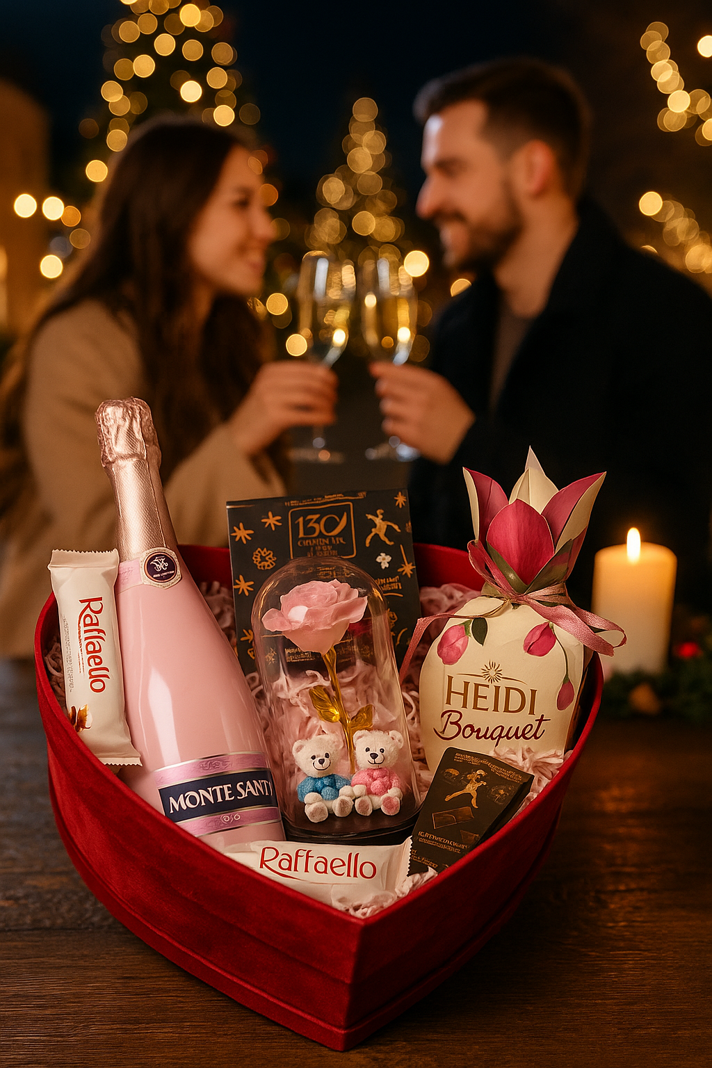Coș Cadou Romantic „Răsfăț de Iarnă” – Vin Spumant Rosé, Ciocolata și Surprize Dulci