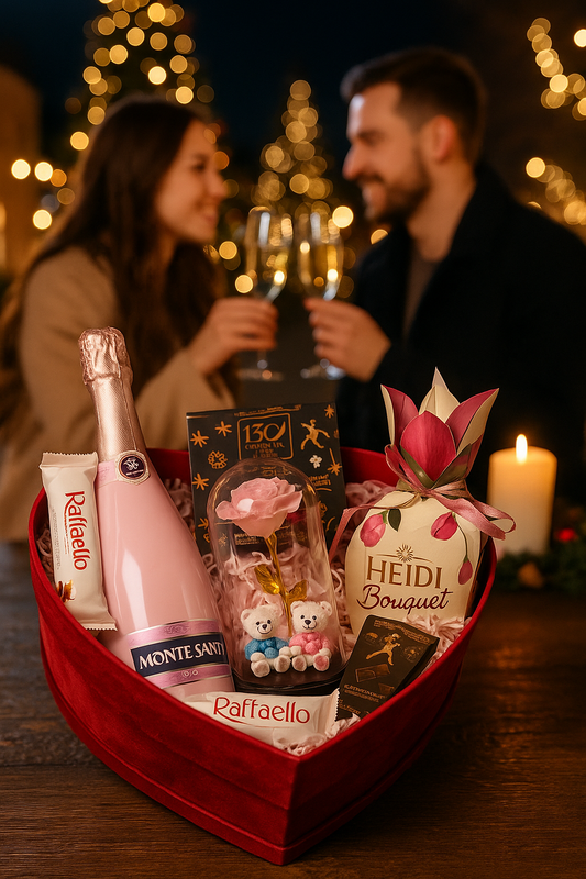 Coș Cadou Romantic „Răsfăț de Iarnă” – Vin Spumant Rosé, Ciocolata și Surprize Dulci