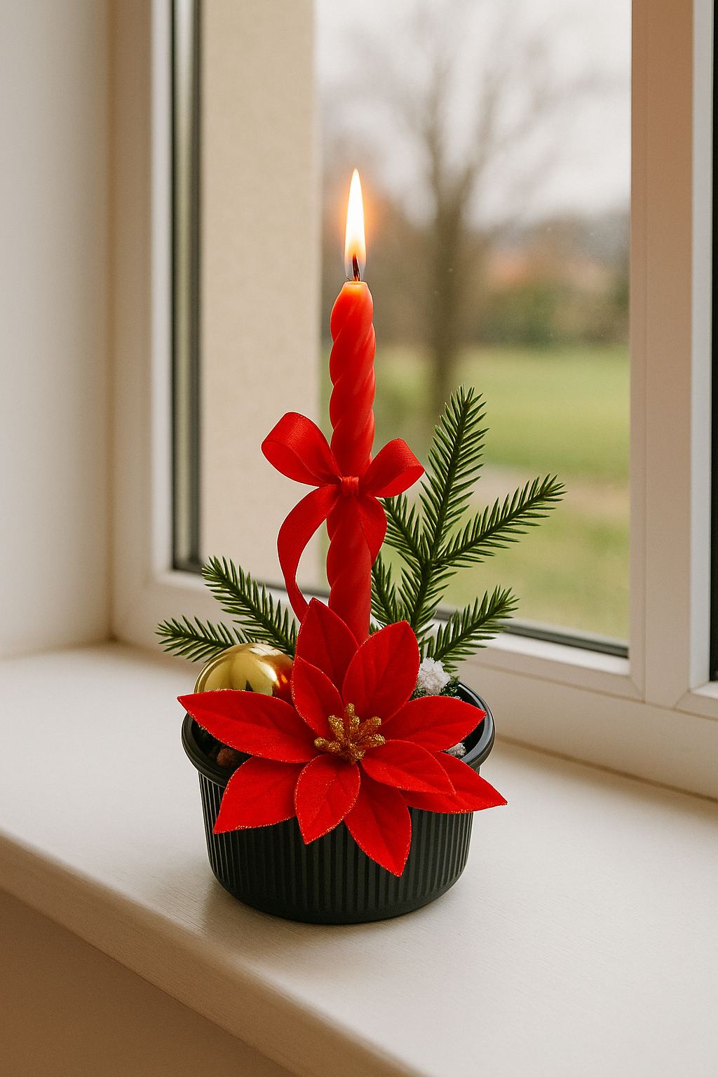 Decor de Crăciun cu lumânare roșie și floare de Poinsettia