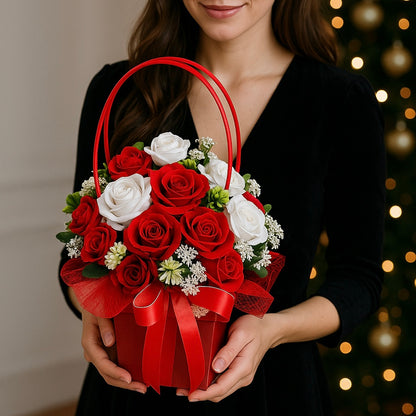 🌹 Aranjament Floral „Eleganță Eternă” – Trandafiri Roșii și Albi în Cutie Decorativă