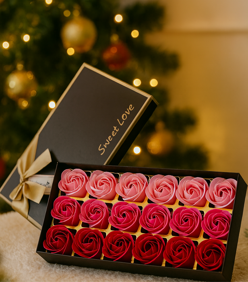 Cutie Cadou „Sweet Love” cu 18 Trandafiri de Săpun – Roz & Roșu
