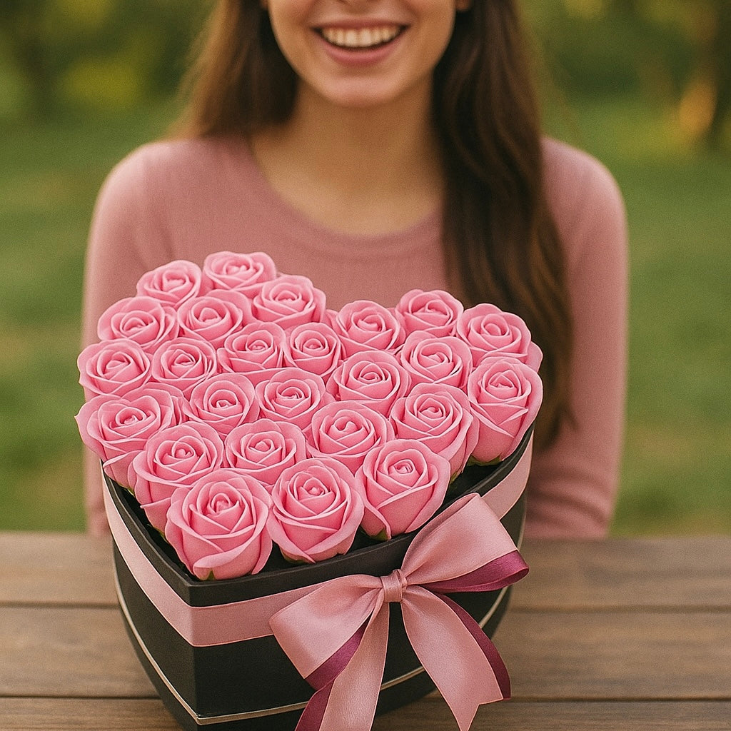 🌸 Cutie Inimă cu Trandafiri Roz Eterni – „Simfonia Iubirii”