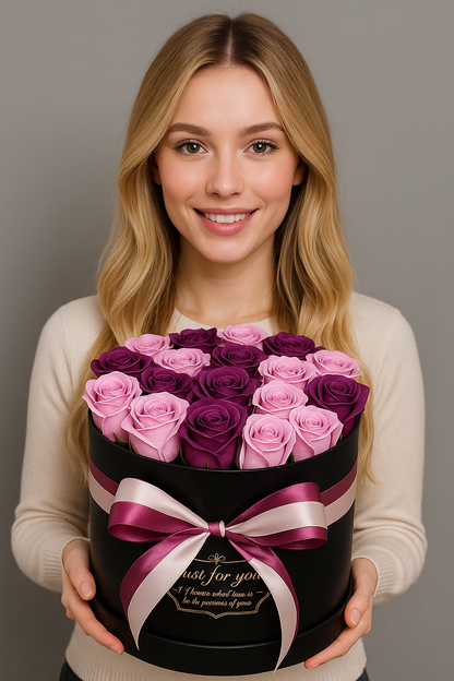 Cutie Elegantă cu Trandafiri roz și mov - Cadou de lux ,,Just for you’’