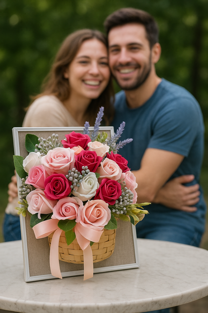 Rama „Îmbrățișarea Florilor” – Aranjament Floral cu Trandafiri în Coș de Ratan