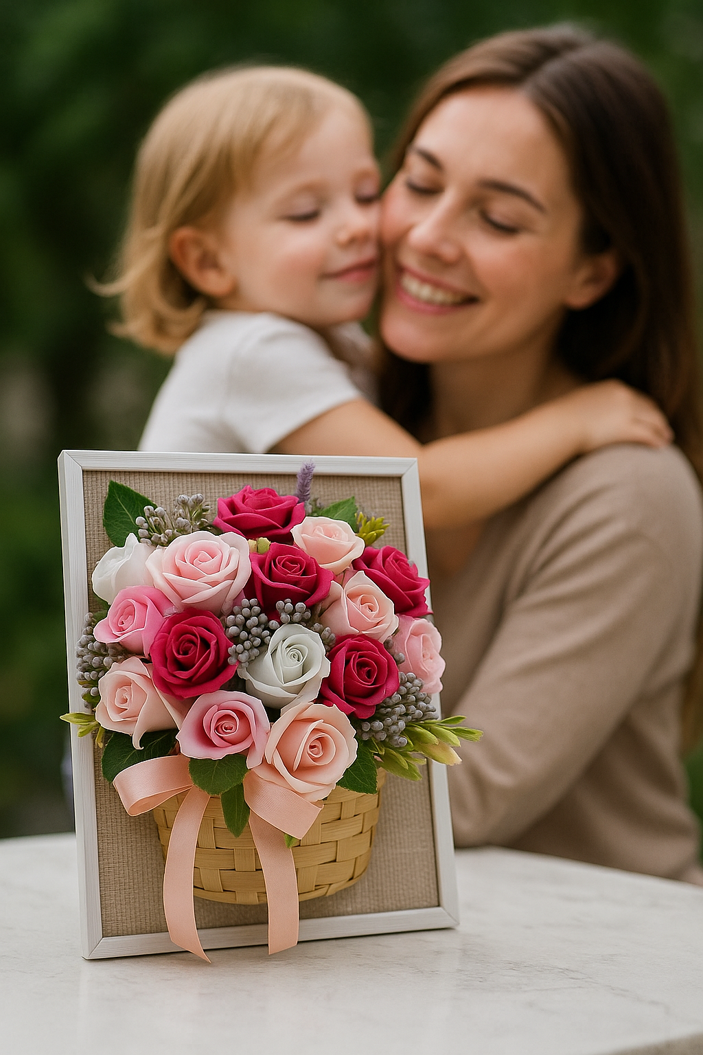 Rama „Îmbrățișarea Florilor” – Aranjament Floral cu Trandafiri în Coș de Ratan