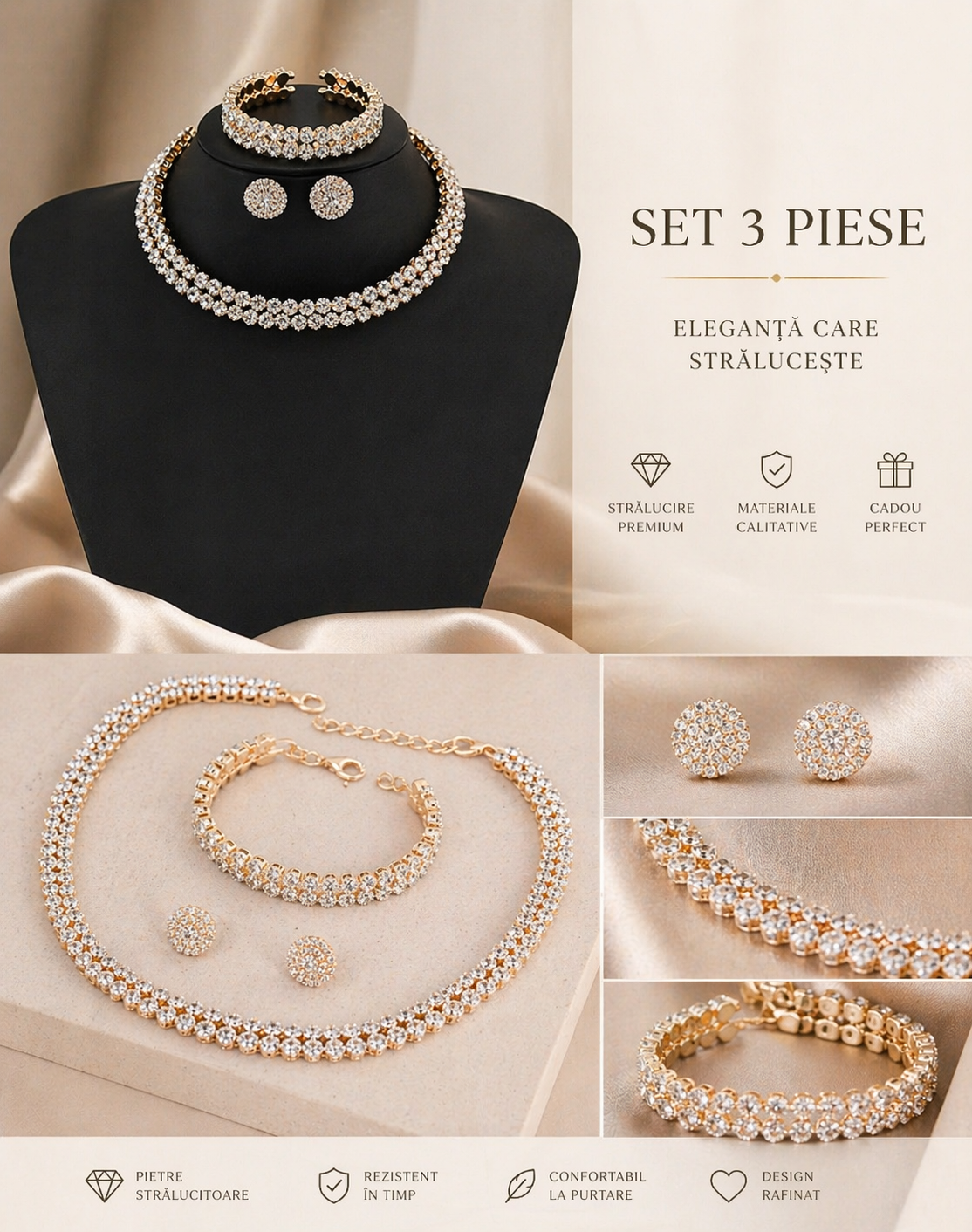 Set Bijuterii Elegant Crystal Glow – 3 Piese (Colier, Brățară, Cercei)